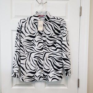 Polo Bonetta, NWT, white black zebra print long sleeve button down blouse, L/XL